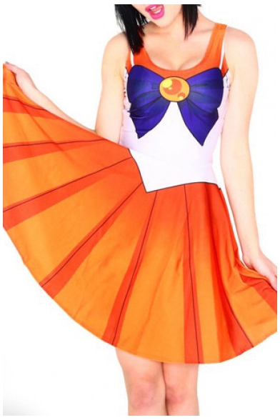 Orange Bow Print Tank Skater Dress