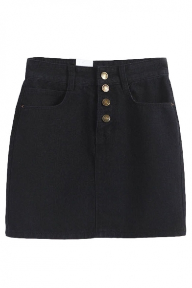 Plain Button Fly Denim Mini A-Line Skirt