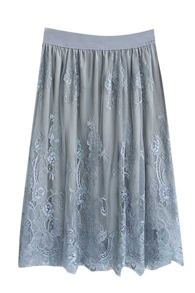 Plain Elastic Waist Lace Asymmetrical Hem Midi Pleated Skirt ...