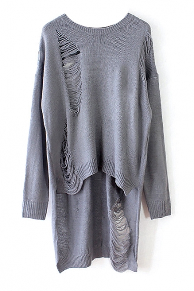 Plain Ripped Round Neck Long Sleeve High Low Sweater
