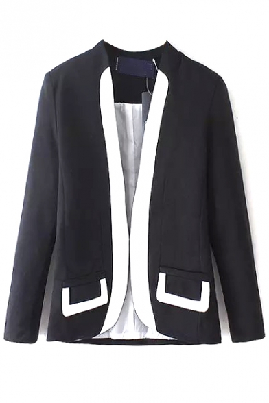 V-Neck Color Block Hem 3/4 Length Sleeve Open Front Blazer