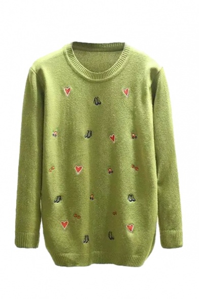 Cartoon Embroidery Long Sleeve Round Neck Sweater