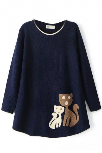 Cute Kitties Jacquard Round Neck Long Sleeve Knit Sweater