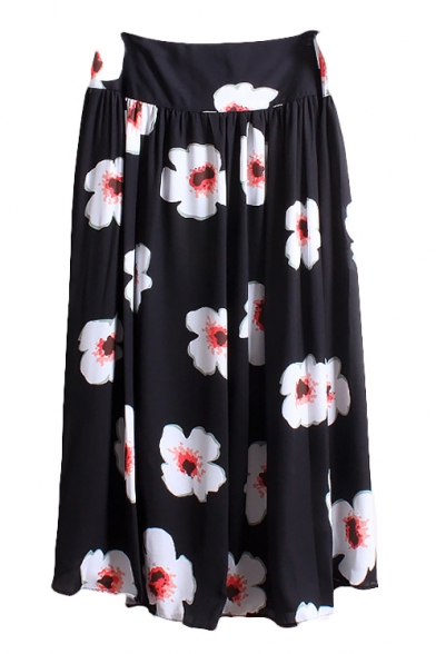 Floral Print Zip Side Chiffon Pleated Maxi Skirt