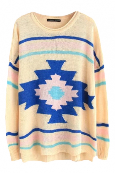 Geometric Pattern Long Sleeve Round Neck Sweater