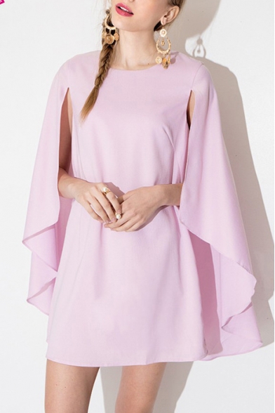 Pink Round Neck Split Sleeve Smock Dress