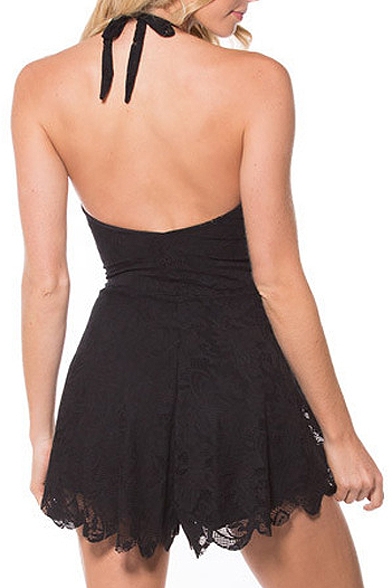 Plain Halter Sleeveless Lace A-Line Dress