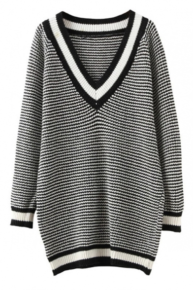 Stripe V-Neck Long Sleeve Longline Pullover Sweater