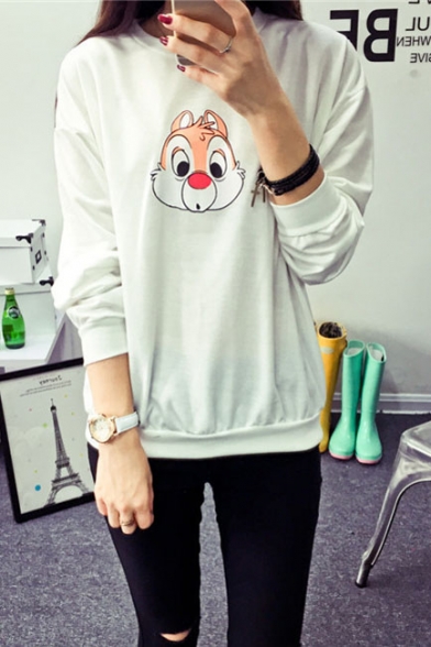 Cartoon Rabbit Print Round Neck Long Sleeve Sweatshirt