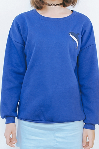 Dolphin Embroidery Round Neck Long Sleeve Sweatshirt