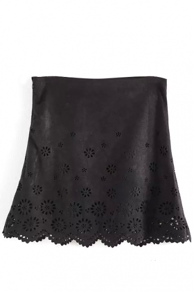Floral Hollow Plain Zip Side Mini A-Line Skirt