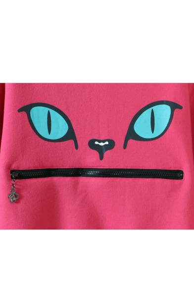 Kitty Face Print Zip Mouth Round Neck Long Sleeve Sweatshirt