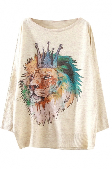 Lion Head Print Long Sleeve Scoop Neck Sweater