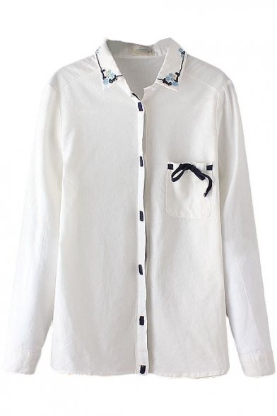 White Embroidery Lapel Tie Pocket Long Sleeve Shirt
