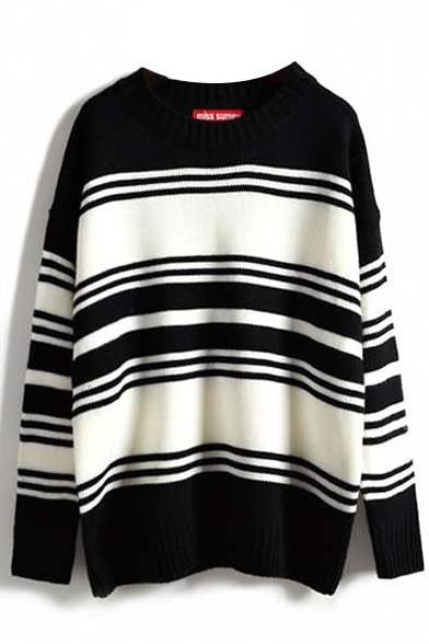 Color Block Stripe Long Sleeve Round Neck Knit Pullover Sweater