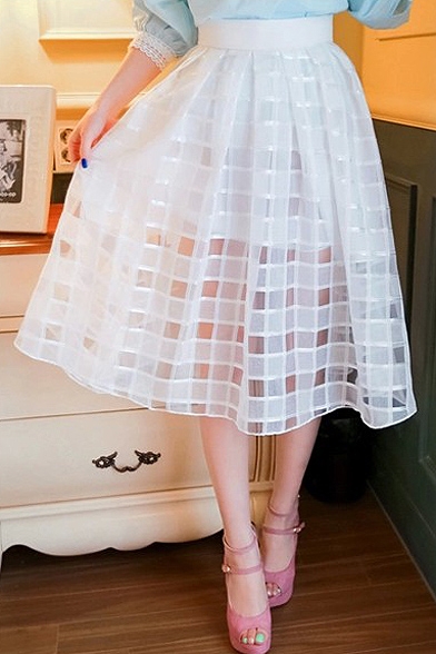 Plain Elastic Waist Organza Pleated Chiffon Midi Skirt