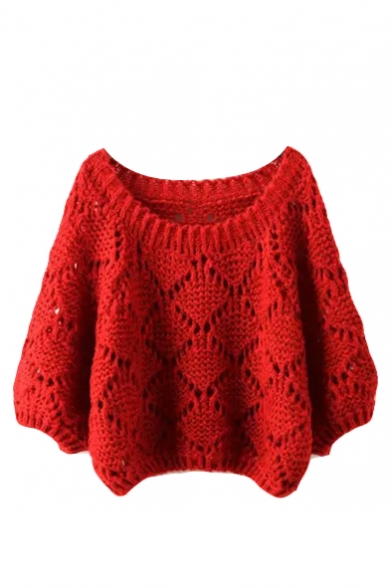 Plain Red Hollow Scoop Neck Batwing Sleeve Sweater