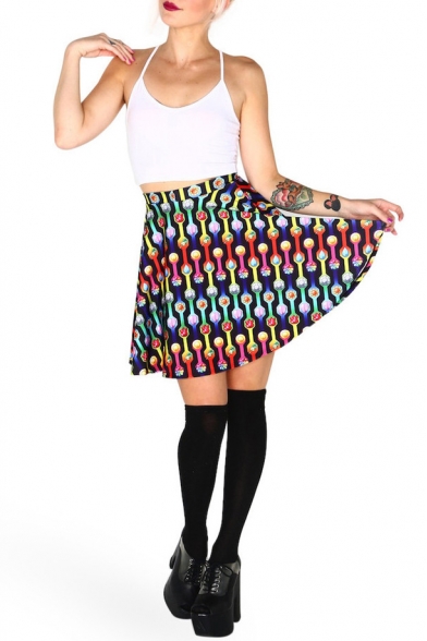 Print Elastic High Waist Flared Mini Skirt