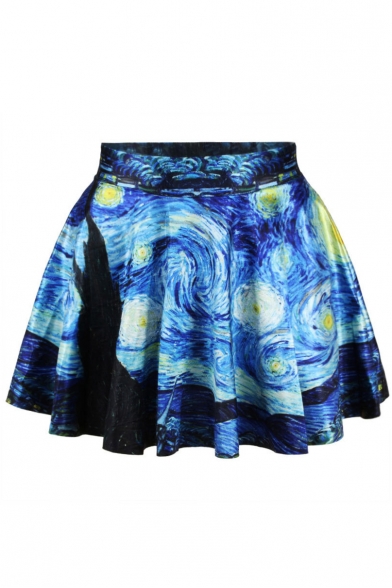 Starry Night Print Elastic Waist Mini Flared Skirt