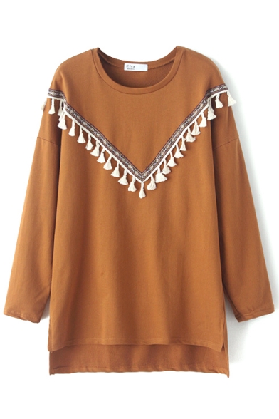 Tassel Front Long Sleeve Round Neck High Low T-Shirt