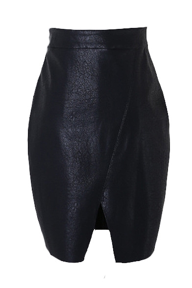 Zip Side Black PU Split Hem Wrap Mini Skirt
