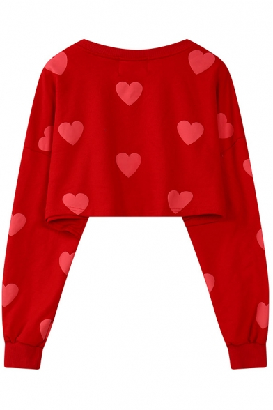 Heart Print Round Neck Long Sleeve Cropped Sweatshirt