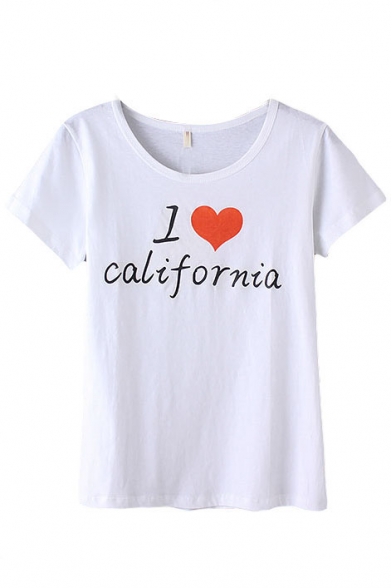 I Love California Letter Print Round Neck Short Sleeve T-Shirt