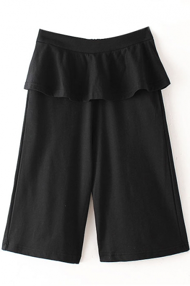 Plain Elastic Waist Double Pocket Ruffle Hem Bermuda Shorts
