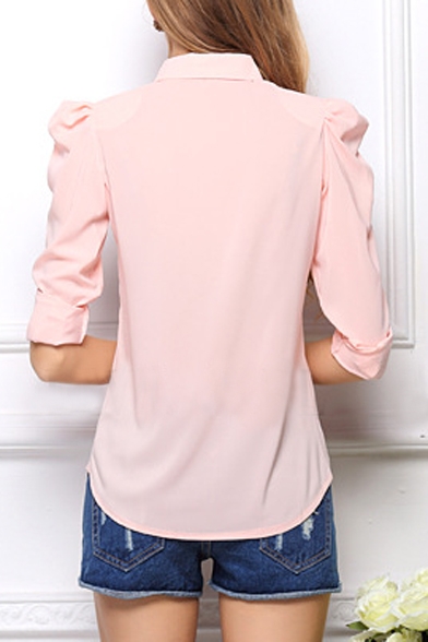 Plain Lapel Bubble Sleeve Single Breasted Chiffon Shirt