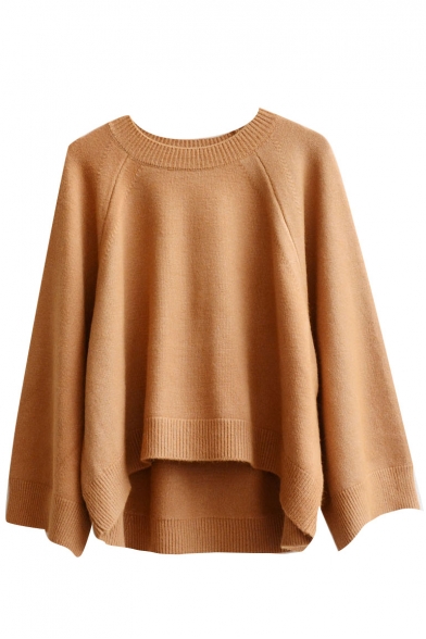 Plain Round Neck Long Sleeve High Low Loose Sweater