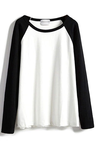 Round Neck Color Block Long Sleeve Tee - Beautifulhalo.com