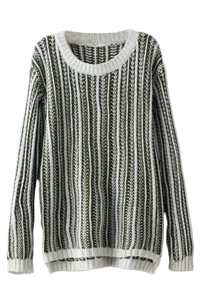Round Neck Long Sleeve Stripe High Low Sweater