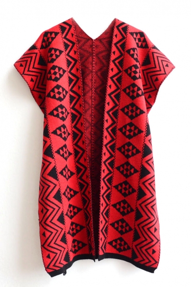 Short Sleeve Tribal Geometric Pattern Open Front Cardigan