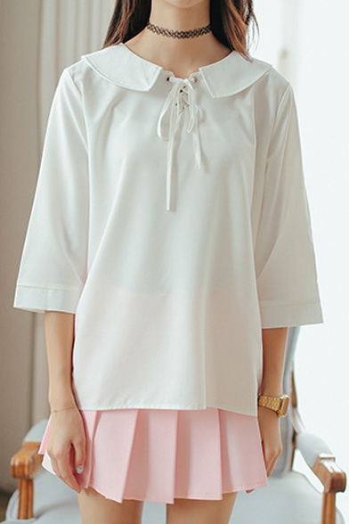 White Tie Front Collar 3/4 Length Sleeve Shirt - Beautifulhalo.com