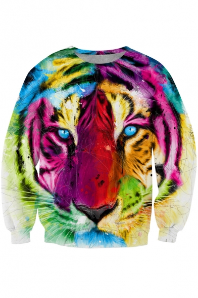 3D Colorful Tiger Print Round Neck Long Sleeve Sweatshirt