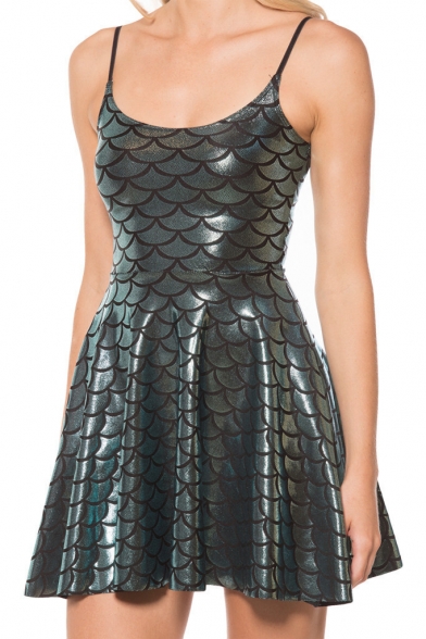 Fish Scale Print Spaghetti Straps Fit and Flare Dress