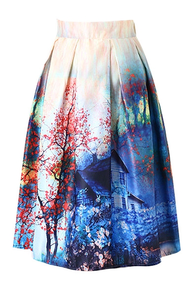 Landscape Print Elastic Waist Flared Midi Skirt - Beautifulhalo.com