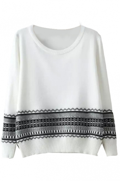 Round Neck Long Sleeve Tribal Geometric Pattern Sweater