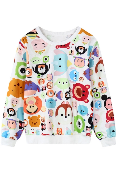 Cartoon Animals Print Round Neck Long Sleeve Sweatshirt