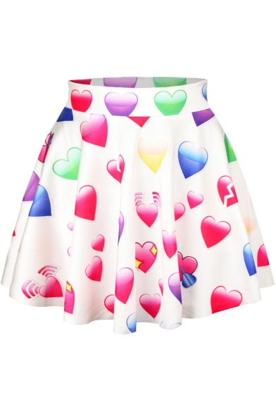 Colorful Hearts Print Elastic Waist Mini Flared Skirt
