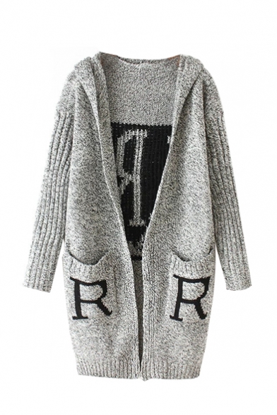 Gray Letter Pattern Back Double Pocket Long Sleeve Hooded Open Front Cardigan