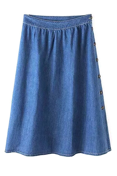 Plain Buttons Side A-Line Midi Denim Skirt