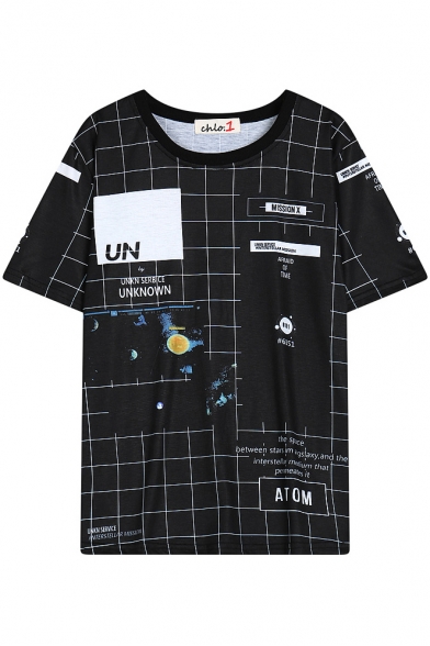 Space Letter Print Round Neck Short Sleeve T-Shirt