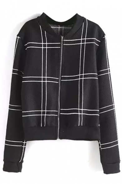 Stand Collar Plaid Long Sleeve Zip Up Coat