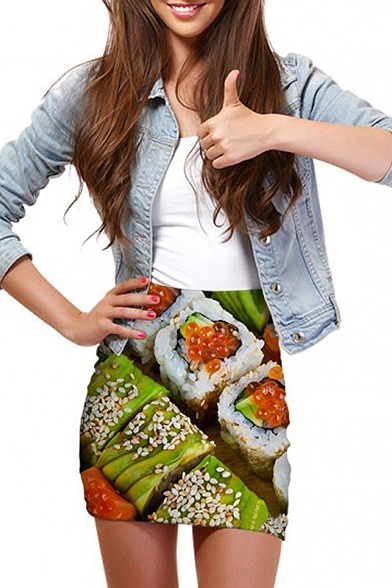3D Sushi Print Elastic Waist Mini Wrap Skirt
