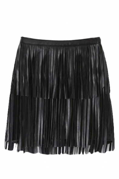Black PU Tassel Zip Side A-Line Mini Skirt