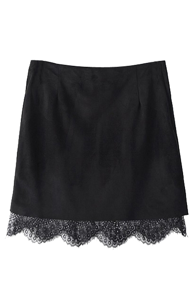 Black Zip Back Lace Hem Suede A-Line Skirt