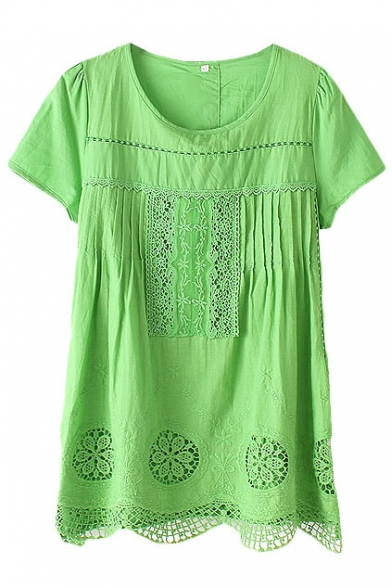 Green Round Neck Lace Crochet Pleated Front Short Sleeve T-Shirt