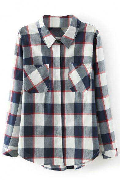 Plaid Lapel Long Sleeve Double Pocket Single -Breasted Shirt