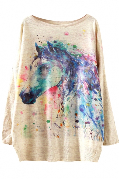 Colorful Horse Head Print Scoop Neck Long Sleeve Sweate